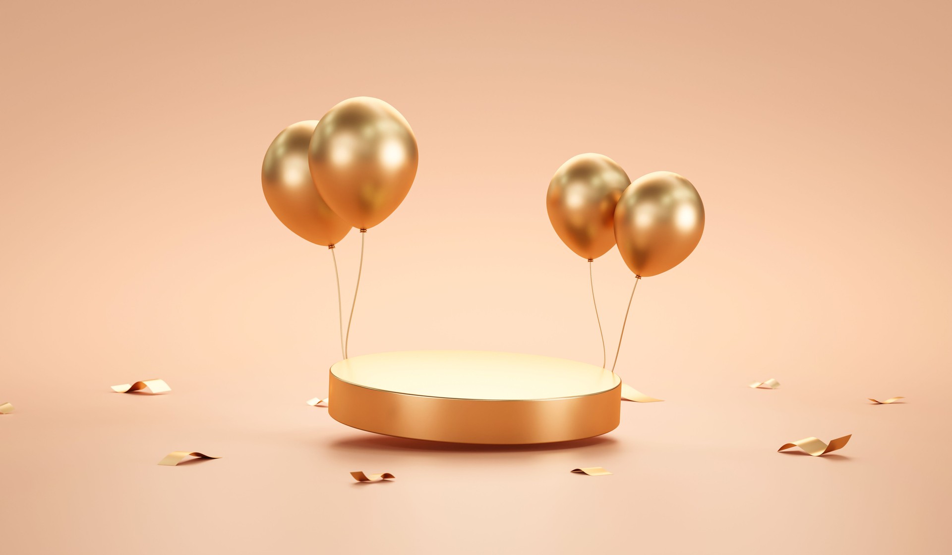Gold podium pedestal product stand 3d background luxury celebration display with golden birthday party balloon anniversary exhibition and festive presentation studio showcase decoration premium scene.