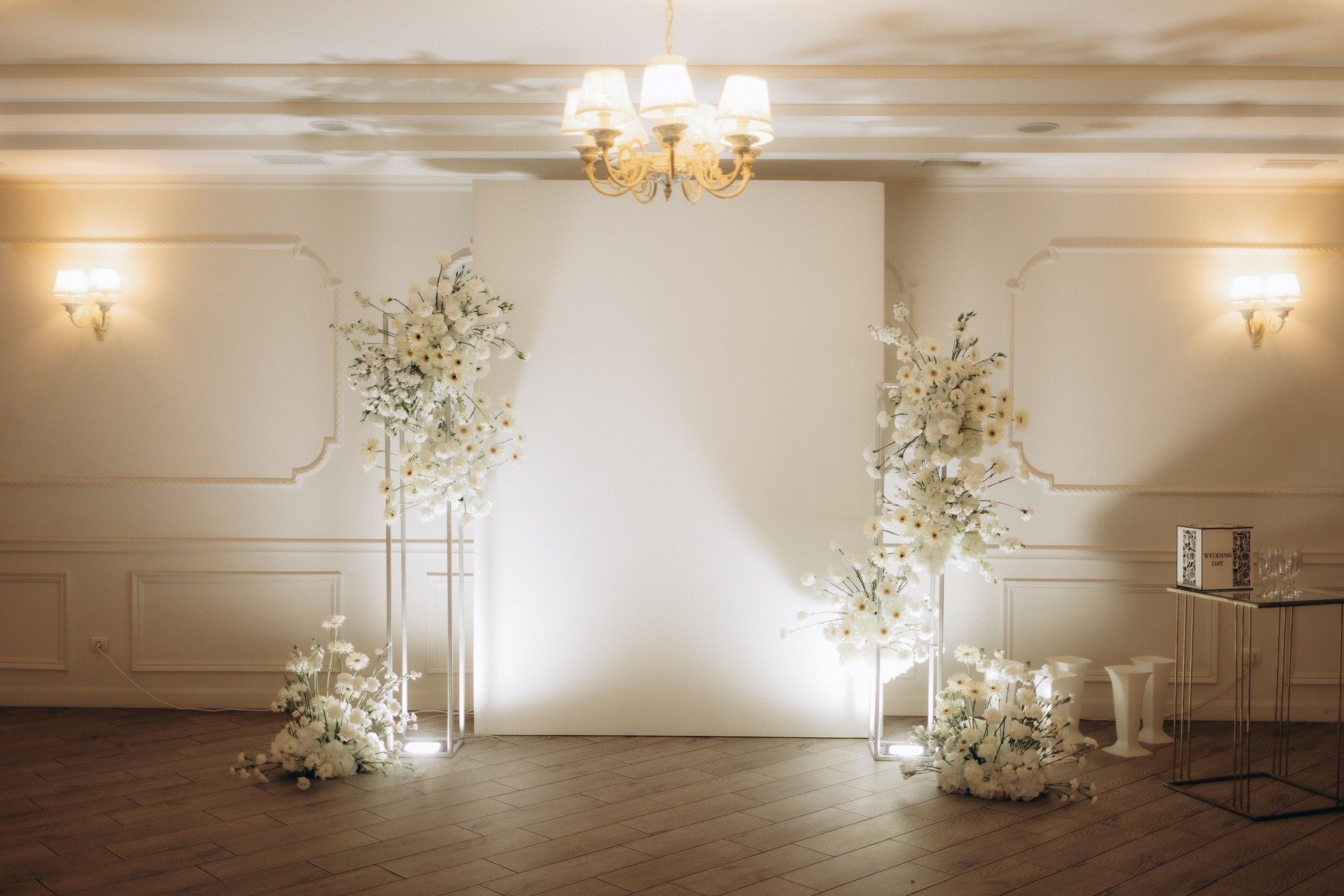Elegant Wedding Setting with Floral Arrangements and Ambient Lighting Decor